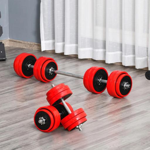 Juego de Mancuernas 30 kg Ajustables 2 en 1 con 12 Discos 2 Barras y Biela Ajustable para Entrenamiento de Fuerza Levantamiento de Pesas Hogar Gimnasio Oficina Negro y Rojo