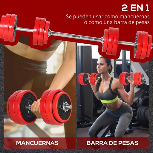Juego de Mancuernas 30 kg Ajustables 2 en 1 con 12 Discos 2 Barras y Biela Ajustable para Entrenamiento de Fuerza Levantamiento de Pesas Hogar Gimnasio Oficina Negro y Rojo [2]