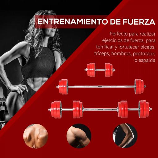 Juego de Mancuernas 30 kg Ajustables 2 en 1 con 12 Discos 2 Barras y Biela Ajustable para Entrenamiento de Fuerza Levantamiento de Pesas Hogar Gimnasio Oficina Negro y Rojo [5]
