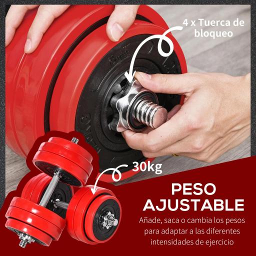 Juego de Mancuernas 30 kg Ajustables 2 en 1 con 12 Discos 2 Barras y Biela Ajustable para Entrenamiento de Fuerza Levantamiento de Pesas Hogar Gimnasio Oficina Negro y Rojo [4]