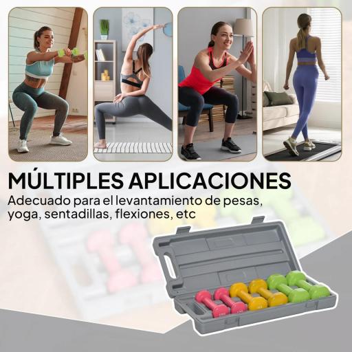 Juego de 6 Mancuernas Hexagonales de 1,5kg 1kg y 0,5kg con Revestimiento de Neopreno con Maletín 43x18x7,5 cm Multicolor [1]