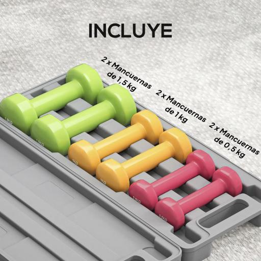 Juego de 6 Mancuernas Hexagonales de 1,5kg 1kg y 0,5kg con Revestimiento de Neopreno con Maletín 43x18x7,5 cm Multicolor [3]