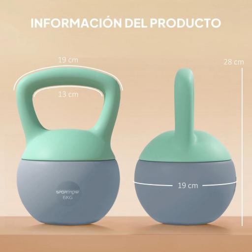 Pesa Rusa 6 kg Kettlebell Relleno de Arena Metálica y Mango Antideslizante para Entreno en Casa 19x19x28 cm Verde y Gris [3]