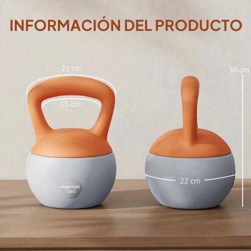 Pesa Rusa 12 kg Kettlebell Relleno de Arena Metálica Mango Antideslizante para Casa 21x21x30 cm Naranja y Gris [4]