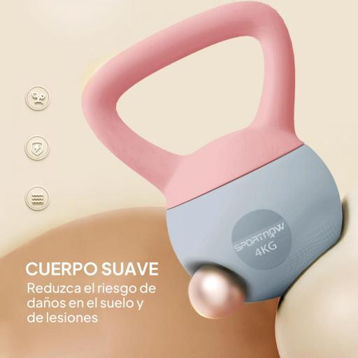 Pesa Rusa 4 kg Kettlebell Relleno de Arena Metálica y Mango Antideslizante para Entreno en Casa 19x15x25 cm Rosa y Gris [4]