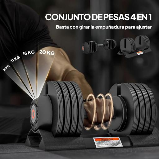 Mancuerna Ajustable 4 en 1 20 kg Ajuste Rápido de Peso con Base de Almacenaje Mango Antideslizante para Gimnasio en Casa [4]