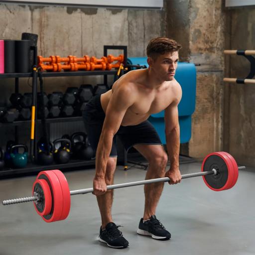 Set de Musculación con 1 Barra y 6 Discos Barra de Pesas 30 kg con Mancuernas para Entrenamiento 170x26x26 cm Rojo