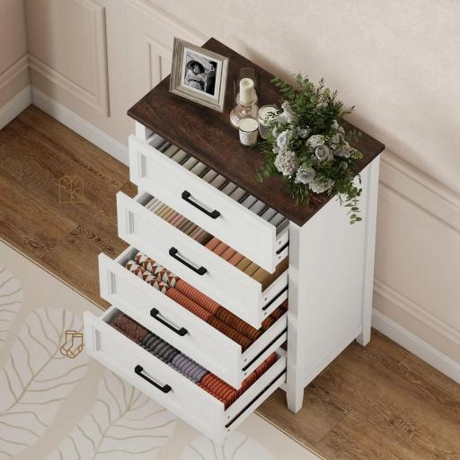 Cómoda Dormitorio Estrecho y Alto con Encimera Efecto Madera Cajonera para Espacios Pequeños 60x35x87 cm Blanco [5]