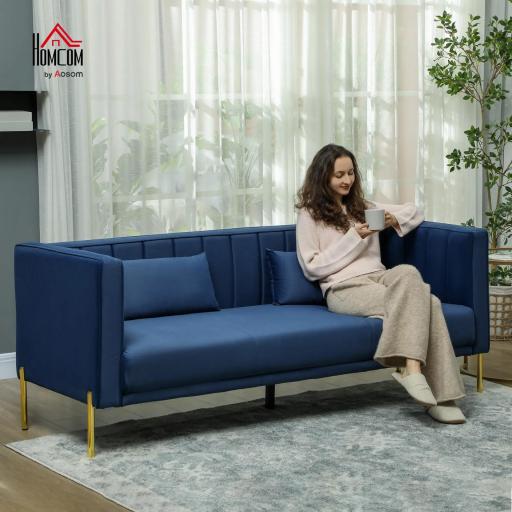 Sofá de 3 Plazas con Tapizado Aterciopelado Estructura Reforzada y Patas Doradas para Salón 194,5x76x76 cm Azul Marino [9]