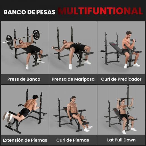 Banco de Musculación con Soporte para Barra Ajustable Extensión de Piernas Curl de Predicador y Mariposa para Gimnasio [4]