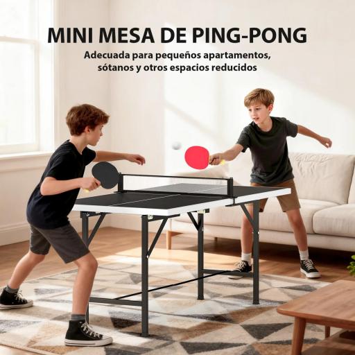 Mini Mesa de Ping-Pong Plegable con Red 2 Raquetas y 3 Pelotas para Interior y Exterior 152x76x70 cm Negro [3]