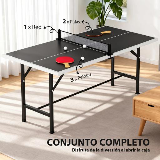 Mini Mesa de Ping-Pong Plegable con Red 2 Raquetas y 3 Pelotas para Interior y Exterior 152x76x70 cm Negro [6]