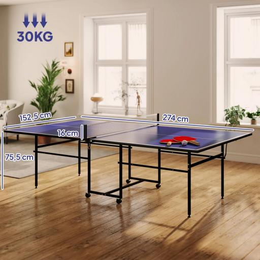 Mesa de Ping-Pong Plegable con 4 Ruedas Red 2 Palas y 3 Pelotas para Interior y Exterior 274x152,5x75,5 cm Azul [1]