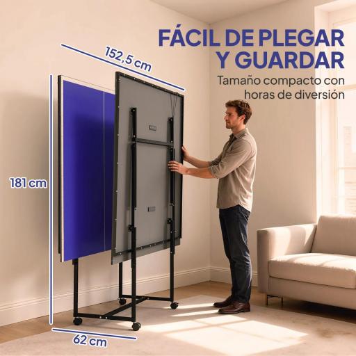 Mesa de Ping-Pong Plegable con 4 Ruedas Red 2 Palas y 3 Pelotas para Interior y Exterior 274x152,5x75,5 cm Azul [3]