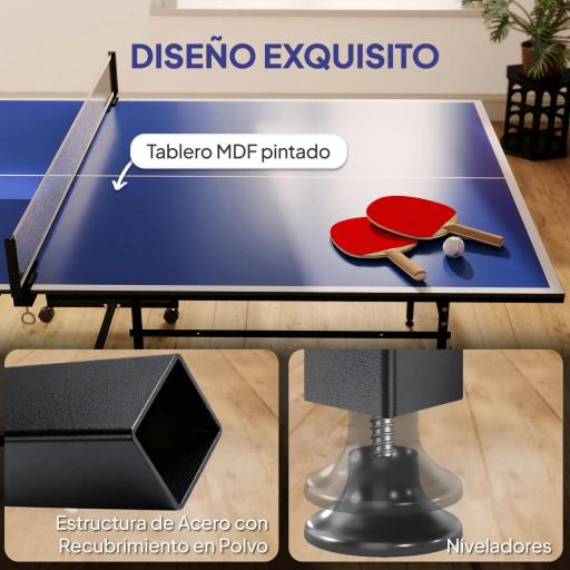 Mesa de Ping-Pong Plegable con 4 Ruedas Red 2 Palas y 3 Pelotas para Interior y Exterior 274x152,5x75,5 cm Azul [4]