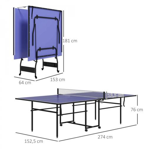 Mesa de Ping-Pong Tamaño Estándar con 4 Ruedas Red 2 Paletas y 3 Pelotas para Interior 274x152,5x76 cm Azul [1]