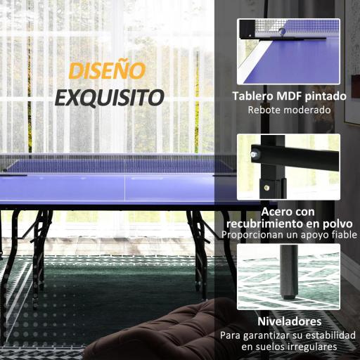 Mesa de Ping-Pong Tamaño Estándar con 4 Ruedas Red 2 Paletas y 3 Pelotas para Interior 274x152,5x76 cm Azul [4]