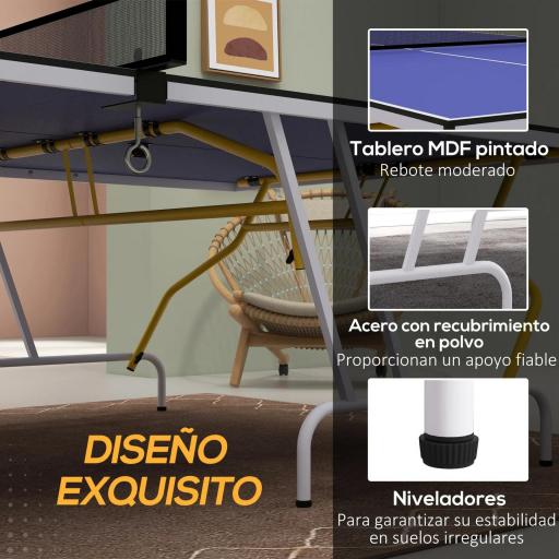 Mesa de Ping Pong Plegable Mesa de Tenis de Mesa Diseño Compacto con Red y Reposapiés Ajustables 274x152,5x76 cm Azul [5]