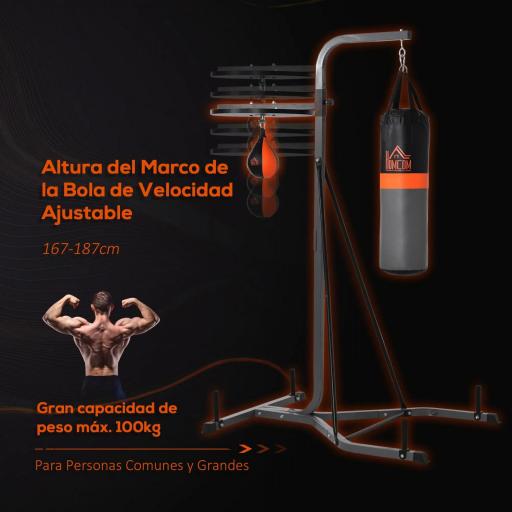 Saco de Boxeo Colgante con Bola de Velocidad Ajustable en Altura de 167-187 cm e Inflador 115x157x221 cm Negro y Gris [3]