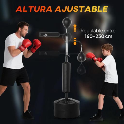 Saco de Boxeo de Pie 4 en 1 Ajustable en Altura con 2 Bolas Barra y Base Rellenable Agua o Arena 88x50x160-230 cm Negro [3]