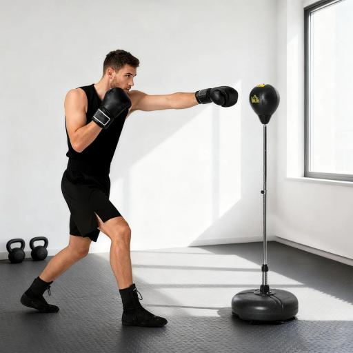 Saco de Boxeo de Pie con Altura Ajustable en 4 Niveles Base Rellenable Guantes e Inflador Ø45x133-151 cm Negro 