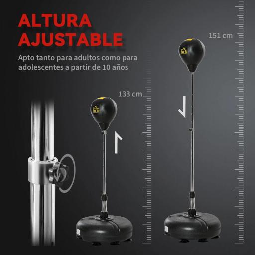 Saco de Boxeo de Pie con Altura Ajustable en 4 Niveles Base Rellenable Guantes e Inflador Ø45x133-151 cm Negro  [2]
