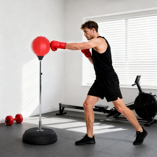 Saco de Boxeo de Pie con Altura Ajustable en 4 Niveles 126-144 cm Base Rellenable y Guantes de Boxeo Rojo y Negro