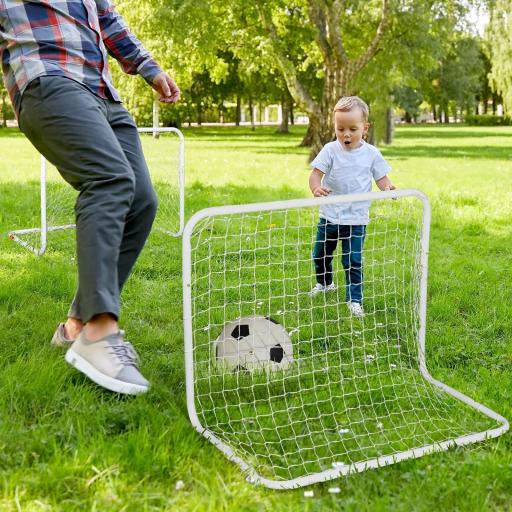 Set de 2 Porterías de Fútbol con Red y Balón para Niños y Adultos Juguete Deportivo para Exterior Jardín Acero y Poliéster 78x46x56 cm Blanco