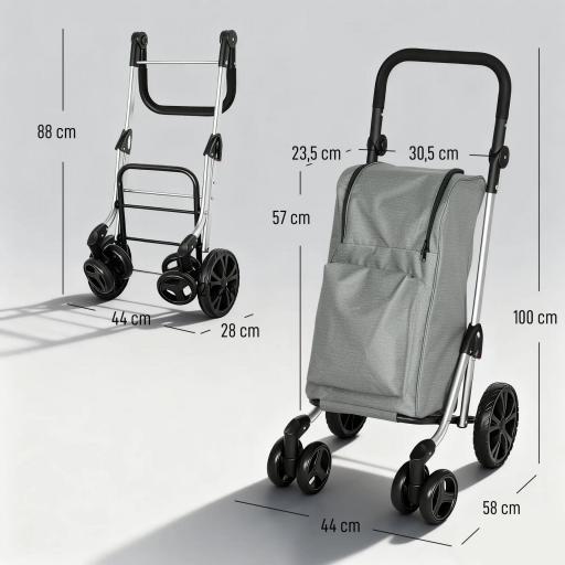 Carrito de Compra Plegable de 46 L Carro 3 en 1 con 6 Ruedas Bolsa Térmica y Asa Ajustable 44x58x100 cm Gris [1]