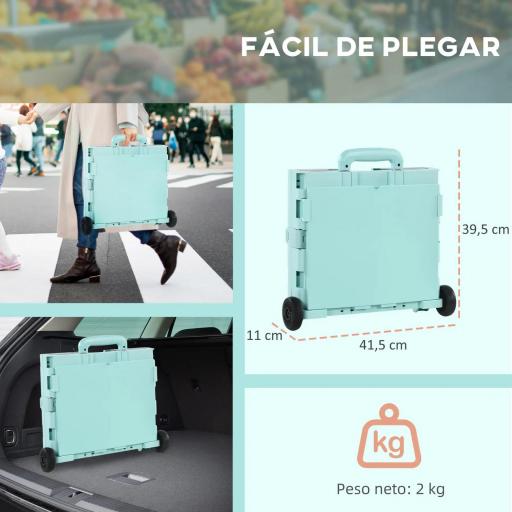 Carrito para Supermercado con 2 Ruedas Longitud de Mango Ajustable Capacidad 32 Litros 41,5x32,5x85 cm Verde [2]