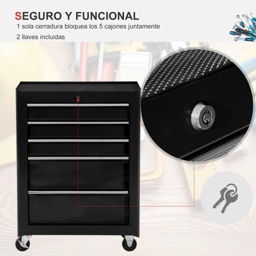 Carro de Herramientas para Taller con Ruedas 5 Cajones Armario con Cierre y Asa Lateral 61,5x33x82,5 cm Negro [2]