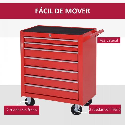 Carro de Herramientas con 7 Cajones y Ruedas Caja Taller Cerradura tipo Mueble de Almacenamiento 69x33x75cm Rojo [4]