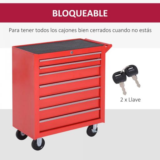 Carro de Herramientas con 7 Cajones y Ruedas Caja Taller Cerradura tipo Mueble de Almacenamiento 69x33x75cm Rojo [3]