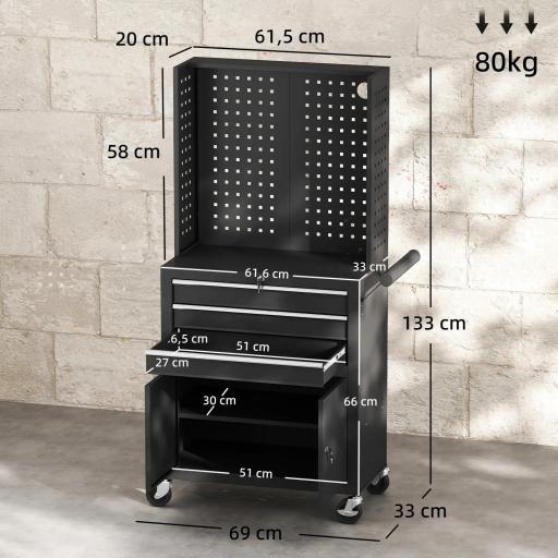 Carro de Herramientas con 3 Cajones Tabla de Pegboard Cerradura por Llave Estante Ajustable 2 Ruedas con Freno Negro [1]