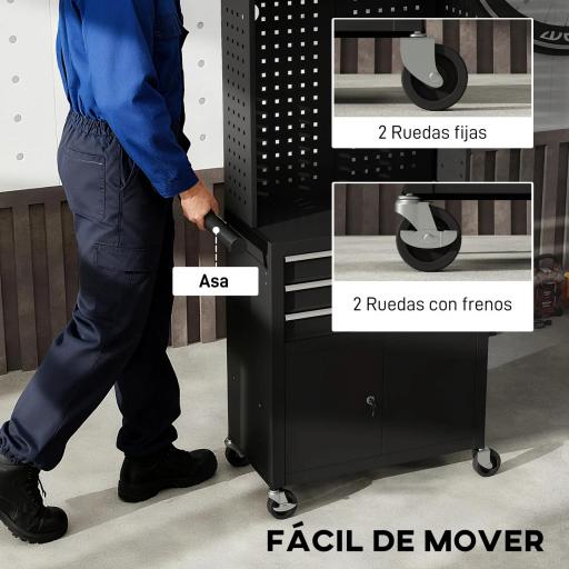Carro de Herramientas con 3 Cajones Tabla de Pegboard Cerradura por Llave Estante Ajustable 2 Ruedas con Freno Negro [5]