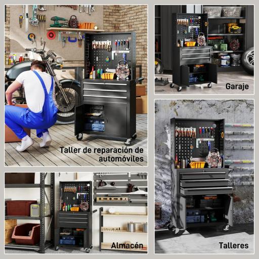 Carro de Herramientas con 3 Cajones Tabla de Pegboard Cerradura por Llave Estante Ajustable 2 Ruedas con Freno Negro [2]