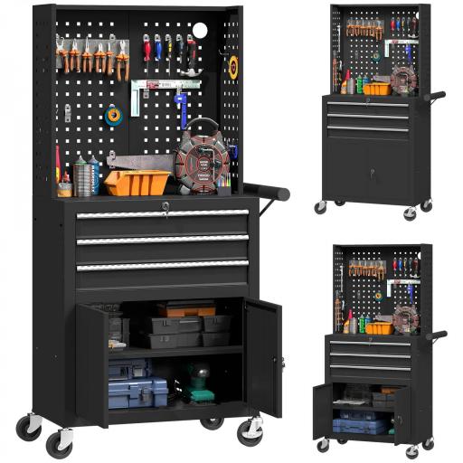 Carro de Herramientas con 3 Cajones Tabla de Pegboard Cerradura por Llave Estante Ajustable 2 Ruedas con Freno Negro [8]