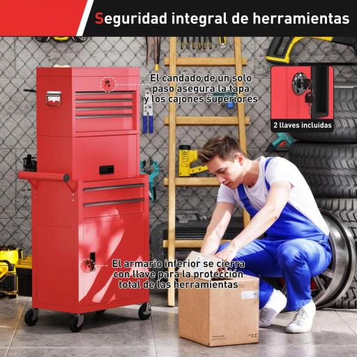 Carro de Herramientas con 6 Cajones y Cerraduras Caja de Herramientas de Acero con Ruedas para Taller Garaje Rojo [3]