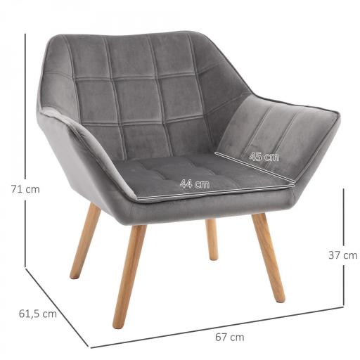 Butaca de Salón Moderna Tapizado en Terciopelo con Asiento Ancho Patas de Madera Sillón Relax para Sala de Estar Gris [1]