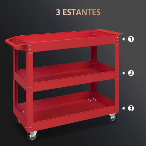 Carro de Taller de Acero con 3 Estantes de Almacenamiento y Asa Lateral Carga 150 kg 83x35,3x76 cm Rojo [2]