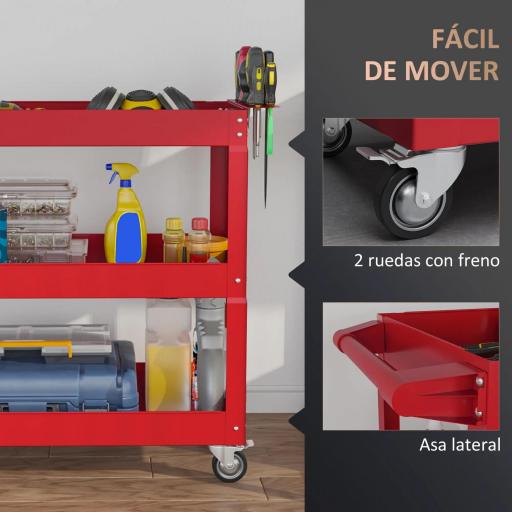 Carro de Taller de Acero con 3 Estantes de Almacenamiento y Asa Lateral Carga 150 kg 83x35,3x76 cm Rojo [4]