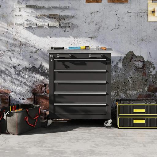 Carro de Herramientas con Ruedas Carro de Taller de Acero con 5 Cajones Conectores Laterales para Garaje Negro y Plata