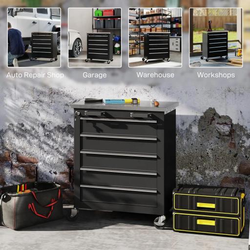 Carro de Herramientas con Ruedas Carro de Taller de Acero con 5 Cajones Conectores Laterales para Garaje Negro y Plata [4]