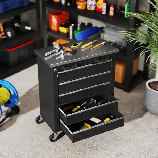 Carro de Herramientas con Ruedas Carro de Taller de Acero con 5 Cajones Conectores Laterales para Garaje Negro y Plata [5]