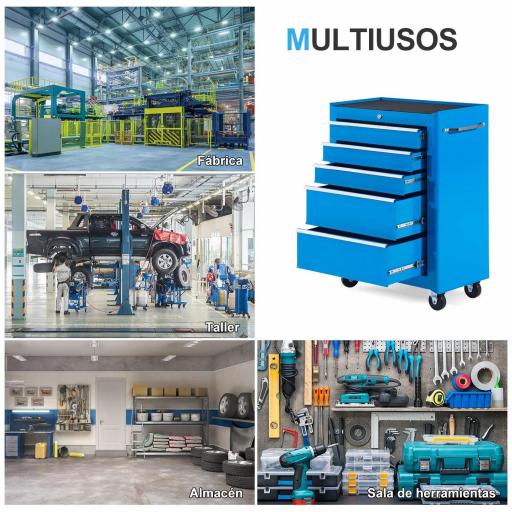 Carro de Herramientas para Taller con Ruedas 5 Cajones Armario con Cierre y Asa Lateral 61,5x33x82,5 cm Azul [3]