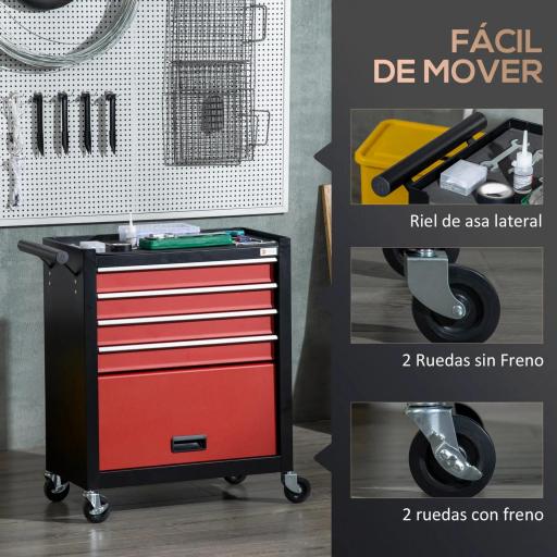 Carro de Herramientas con Ruedas 4 Cajones Compartimento de Almacenaje y Asa Lateral 69x33x75 cm Negro y Rojo [2]