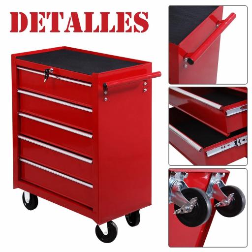 Carro caja de herramientas taller movil con 5 cajones 4 ruedas chapa de Acero Rojo [2]