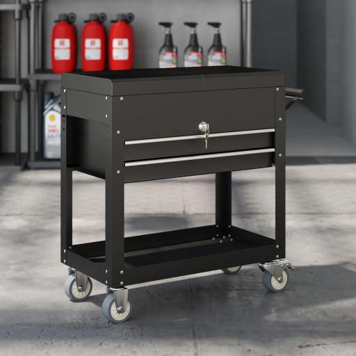 Carro de Herramientas con Ruedas Carro de Taller Móvil con Tapa Deslizante 2 Cajones con Cerradura Bandeja Negro