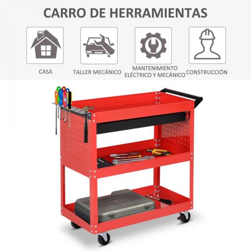 Carro de Taller Carro de Herramientas con 3 Bandejas y Cajón Ruedas con Frenos Asa Lateral Panel Lateral Perforado Rojo [4]