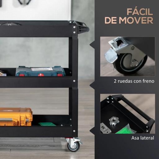 Carro de Herramientas con Ruedas 3 Estantes y Asa Lateral para Garaje Mecánico Hogar 83x35,3x76 cm Negro [3]